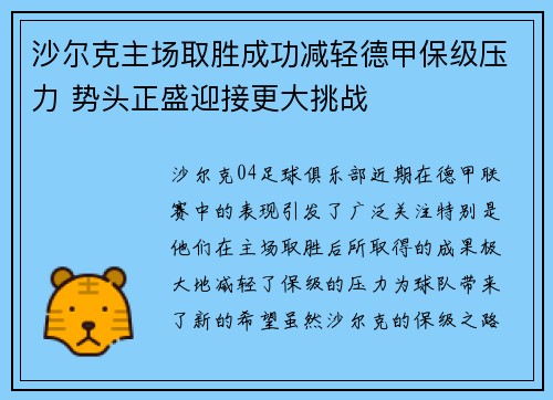 沙尔克主场取胜成功减轻德甲保级压力 势头正盛迎接更大挑战
