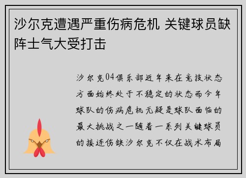 沙尔克遭遇严重伤病危机 关键球员缺阵士气大受打击