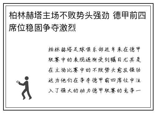 柏林赫塔主场不败势头强劲 德甲前四席位稳固争夺激烈