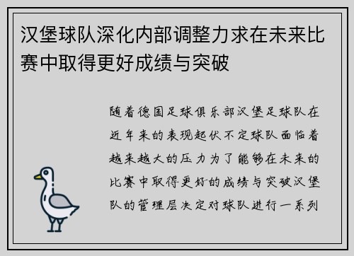 汉堡球队深化内部调整力求在未来比赛中取得更好成绩与突破
