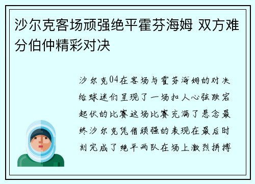 沙尔克客场顽强绝平霍芬海姆 双方难分伯仲精彩对决